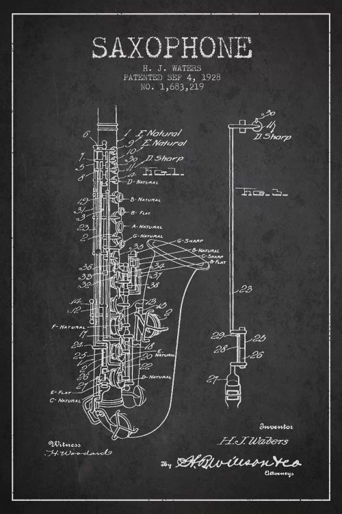 Saxophone Charcoal Patent Blueprint