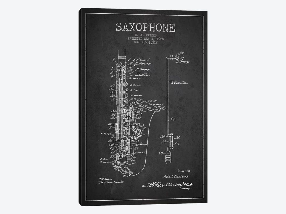 Saxophone Charcoal Patent Blueprint by Aged Pixel 1-piece Canvas Artwork