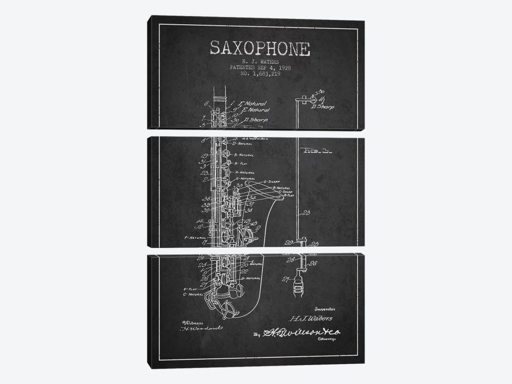 Saxophone Charcoal Patent Blueprint by Aged Pixel 3-piece Canvas Wall Art