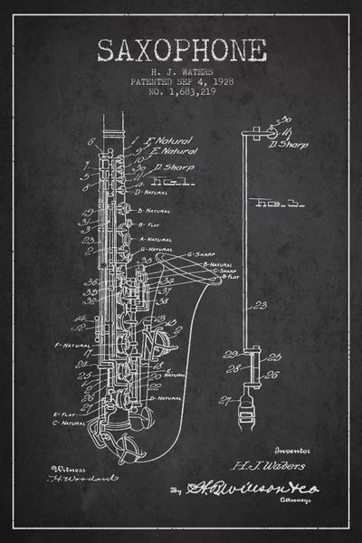 Aged Pixel: Saxophone Charcoal Patent Blueprint by Aged Pixel