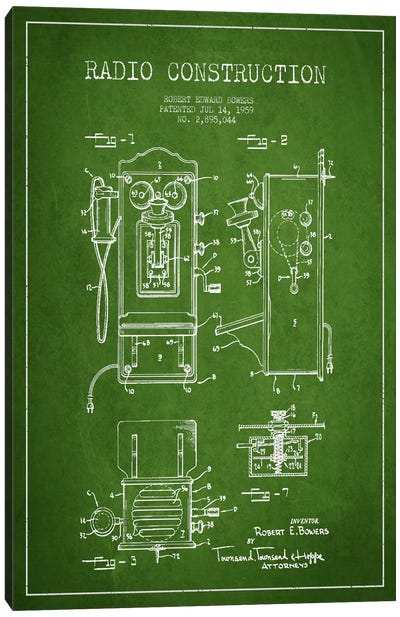 Bowers Radio Green Patent Blueprint Canvas Art Print - Aged Pixel: Electronics & Communication