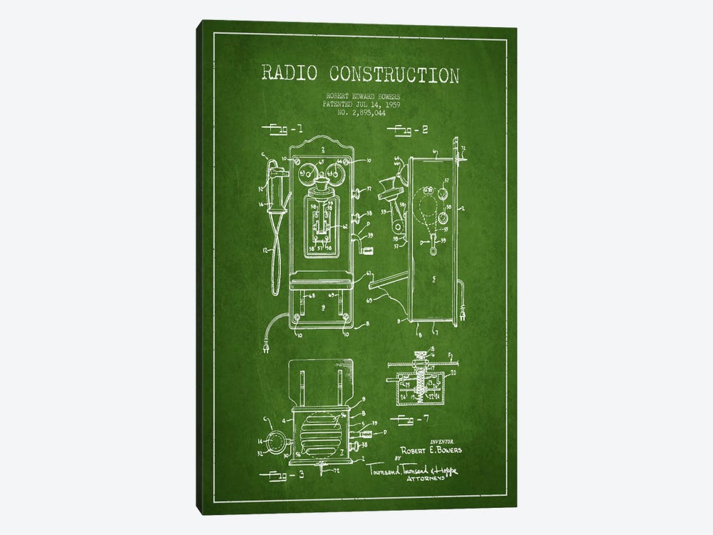Bowers Radio Green Patent Blueprint by Aged Pixel 1-piece Canvas Art