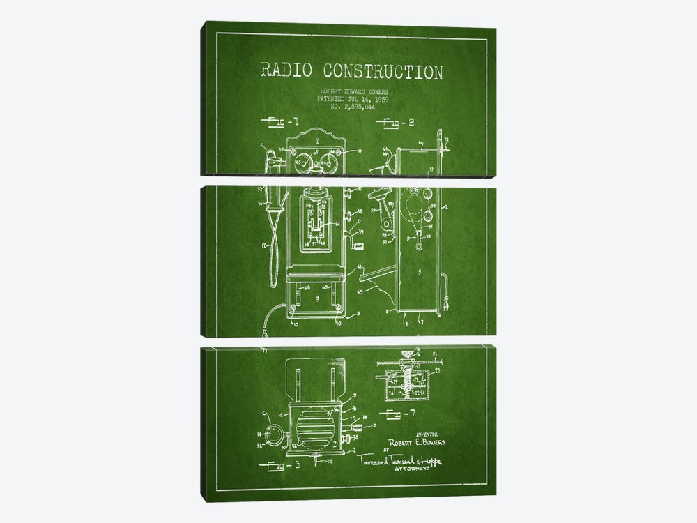 Bowers Radio Green Patent Blueprint by Aged Pixel 3-piece Canvas Wall Art