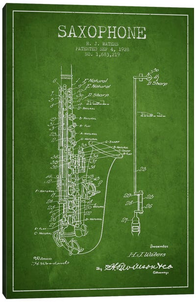 Saxophone Green Patent Blueprint Canvas Art Print - Music Blueprints