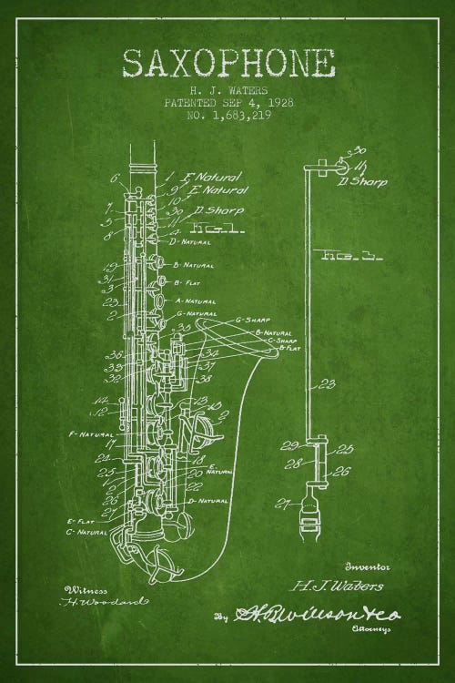 Saxophone Green Patent Blueprint by Aged Pixel wall art