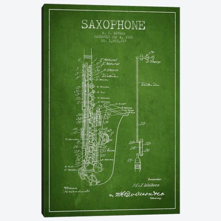 Saxophone Green Patent Blueprint Canvas Print #ADP900} by Aged Pixel Canvas Wall Art