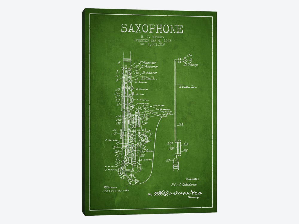 Saxophone Green Patent Blueprint by Aged Pixel 1-piece Art Print