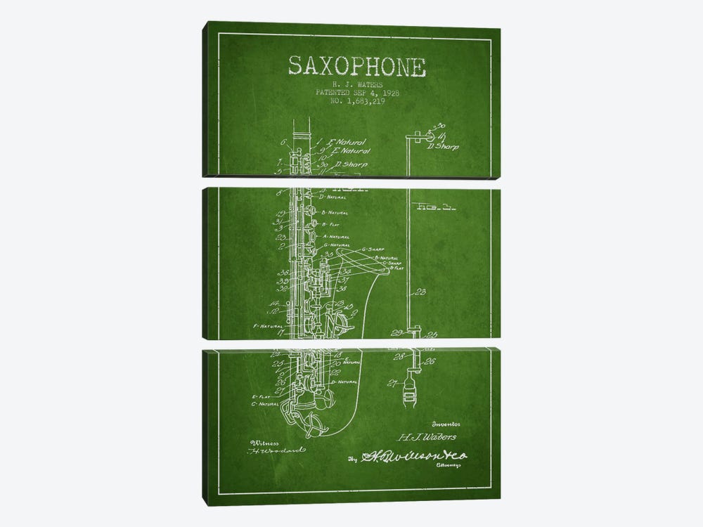 Saxophone Green Patent Blueprint by Aged Pixel 3-piece Canvas Art Print