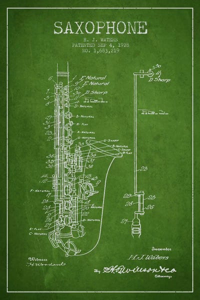 Saxophones: Saxophone Green Patent Blueprint by Aged Pixel