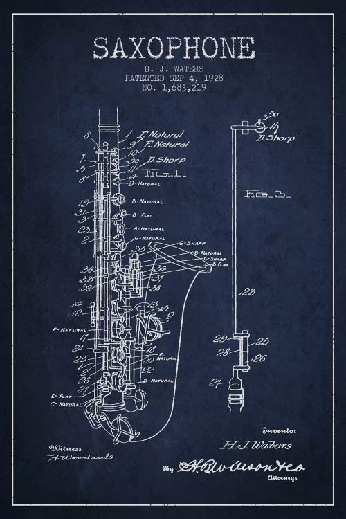 Saxophone Navy Blue Patent Blueprint by Aged Pixel wall art