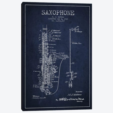 Saxophone Navy Blue Patent Blueprint Canvas Print #ADP901} by Aged Pixel Canvas Art