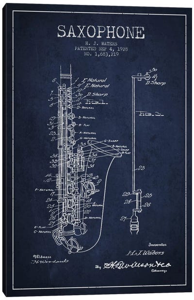Saxophone Navy Blue Patent Blueprint Canvas Art Print - Saxophone Art