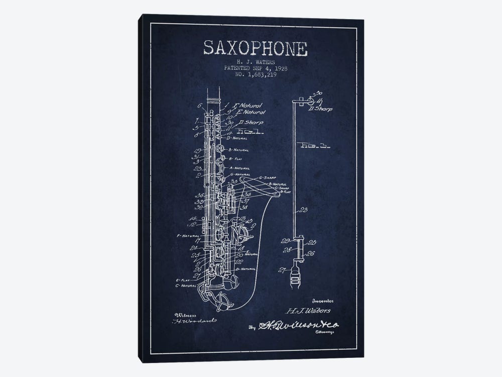 Saxophone Navy Blue Patent Blueprint by Aged Pixel 1-piece Canvas Wall Art