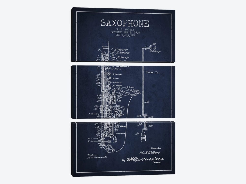 Saxophone Navy Blue Patent Blueprint by Aged Pixel 3-piece Canvas Art