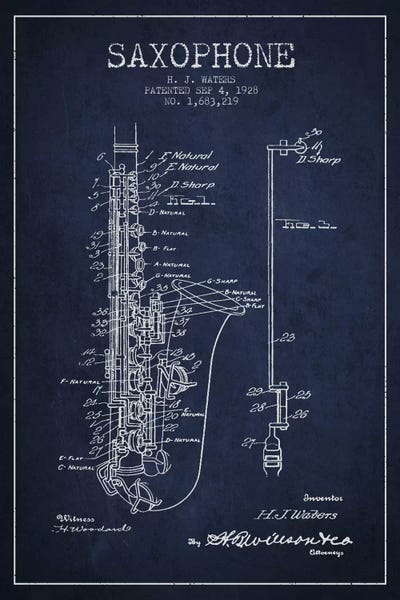 Aged Pixel: Saxophone Navy Blue Patent Blueprint by Aged Pixel