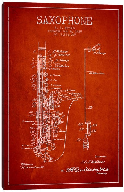 Saxophone Red Patent Blueprint Canvas Art Print - Aged Pixel: Music