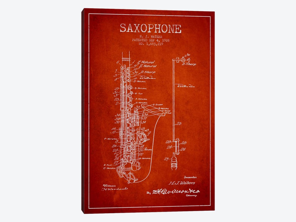 Saxophone Red Patent Blueprint by Aged Pixel 1-piece Canvas Print