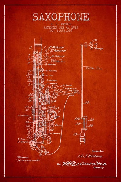 Music Blueprints: Saxophone Red Patent Blueprint by Aged Pixel