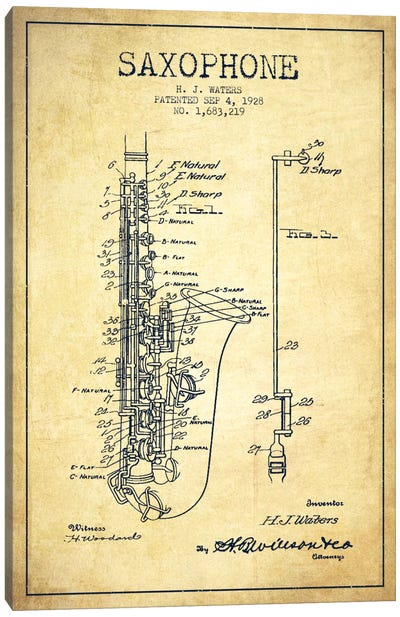 Saxophone Vintage Patent Blueprint Canvas Art Print - Saxophone Art