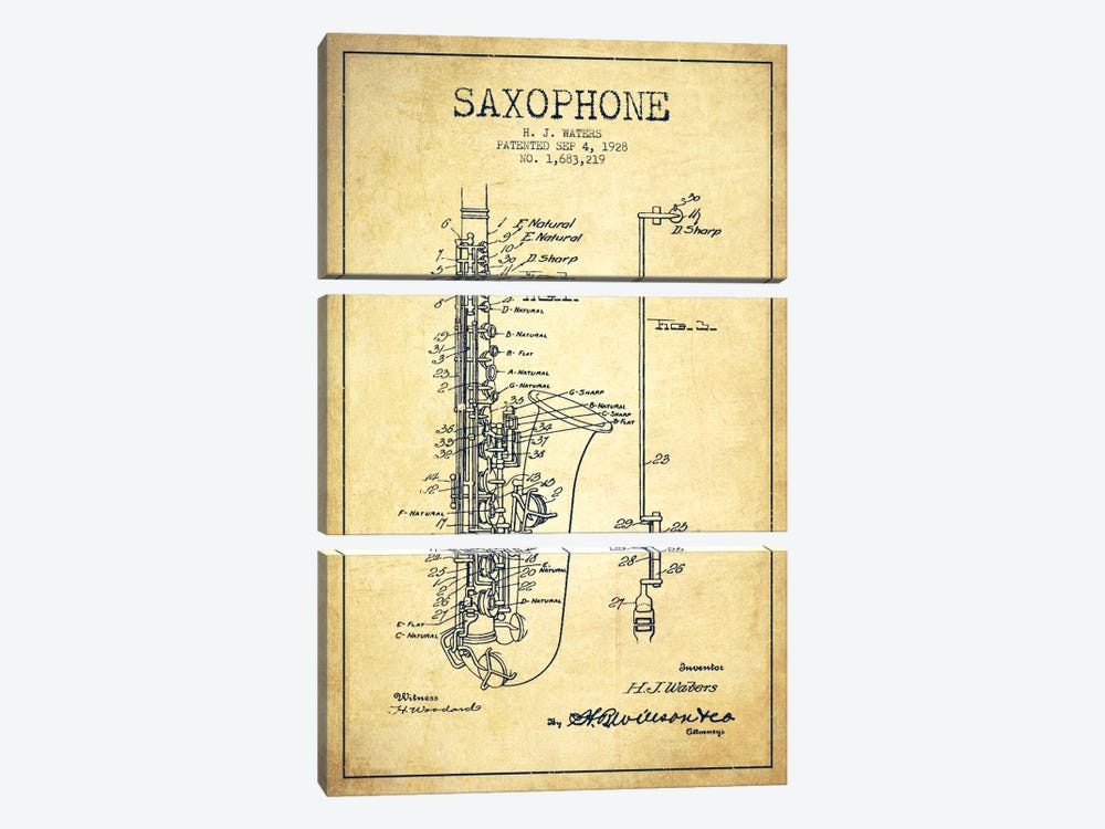Saxophone Vintage Patent Blueprint by Aged Pixel 3-piece Canvas Art