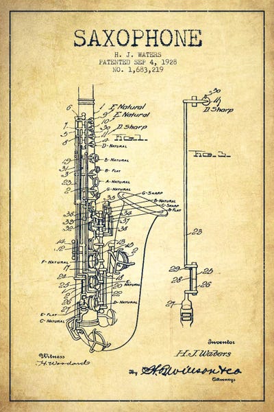 Music Blueprints: Saxophone Vintage Patent Blueprint by Aged Pixel