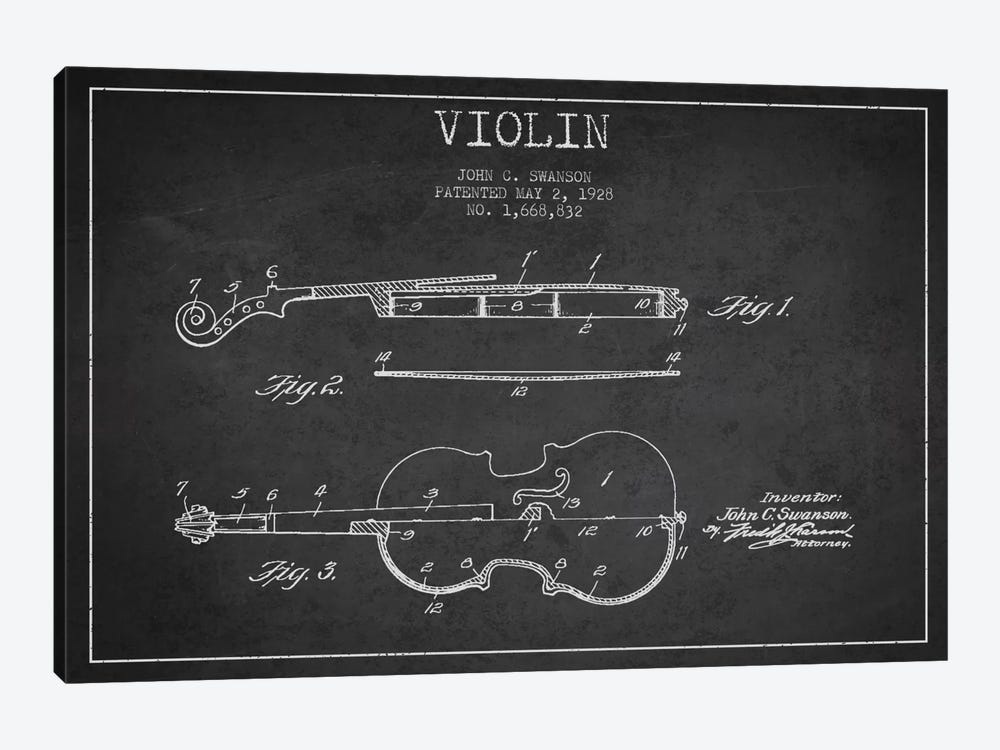 Violin Charcoal Patent Blueprint by Aged Pixel 1-piece Canvas Print