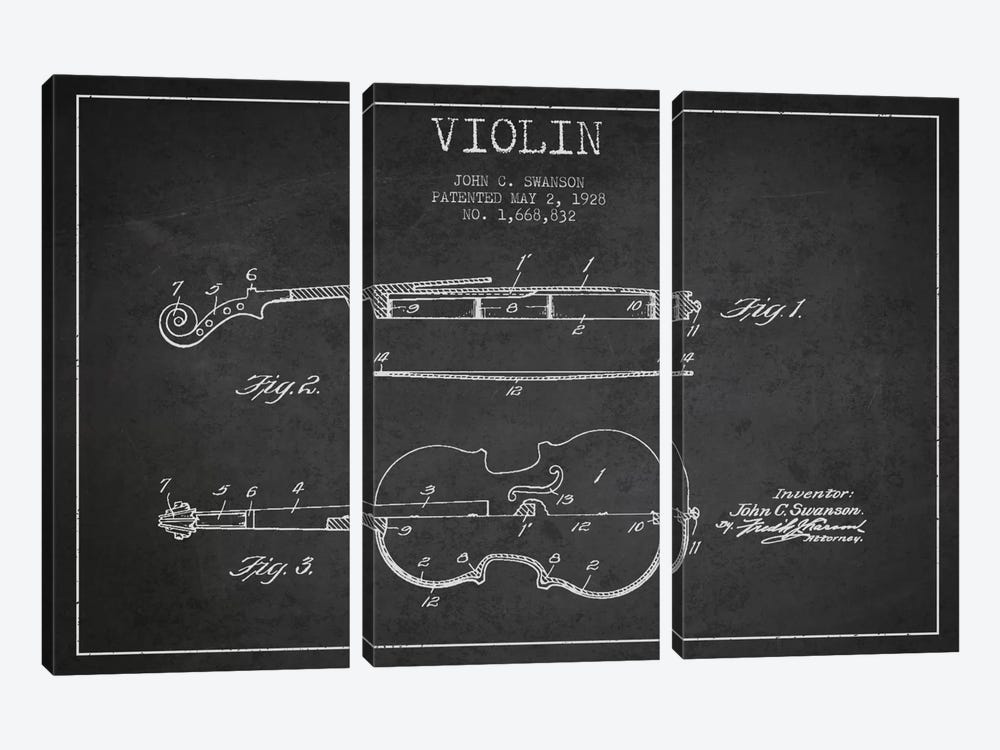 Violin Charcoal Patent Blueprint by Aged Pixel 3-piece Canvas Print