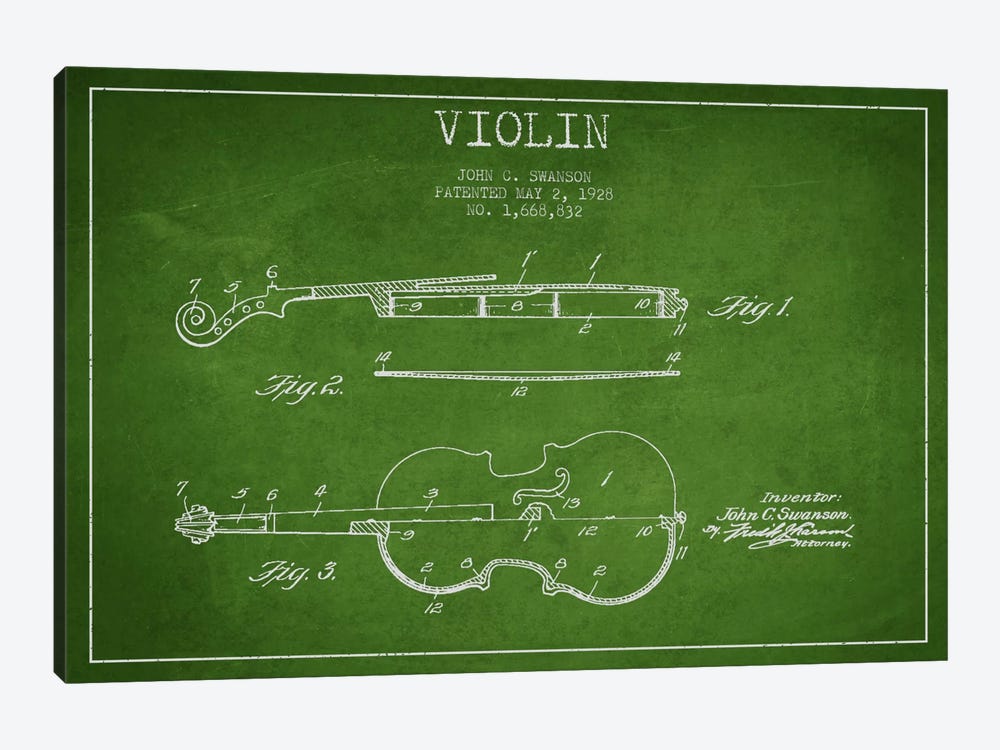 Violin Green Patent Blueprint by Aged Pixel 1-piece Canvas Artwork