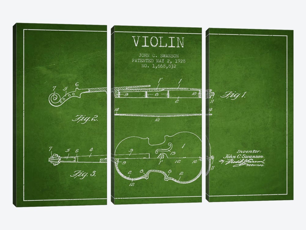 Violin Green Patent Blueprint by Aged Pixel 3-piece Canvas Artwork