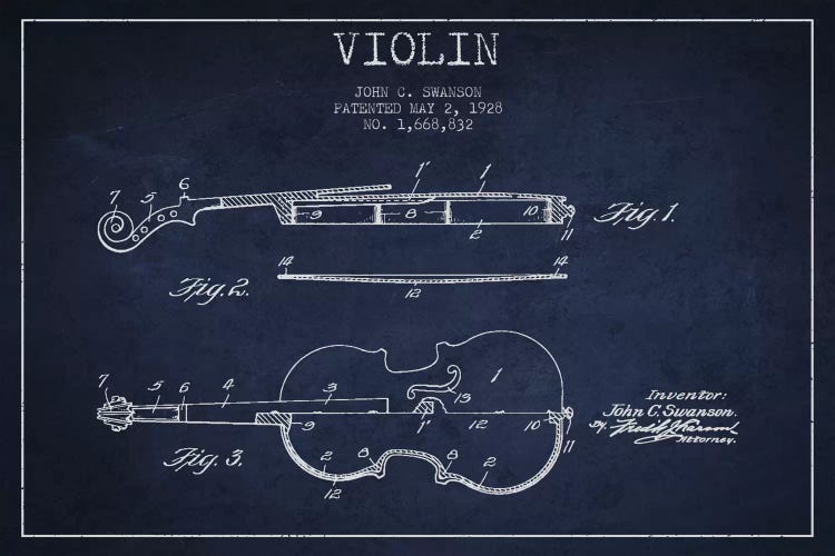 Violin Navy Patent Blueprint Canvas Print by Aged Pixel | iCanvas