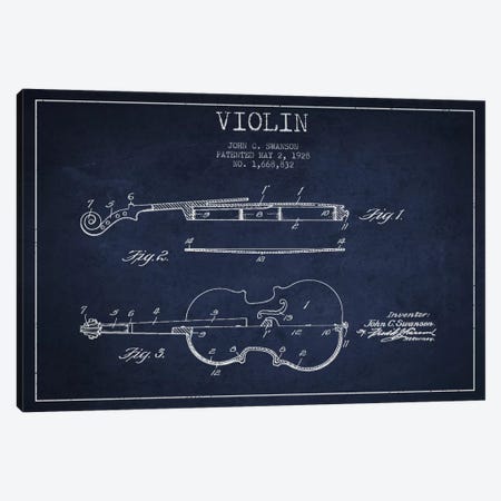 Violin Navy Blue Patent Blueprint Canvas Print #ADP906} by Aged Pixel Canvas Art Print