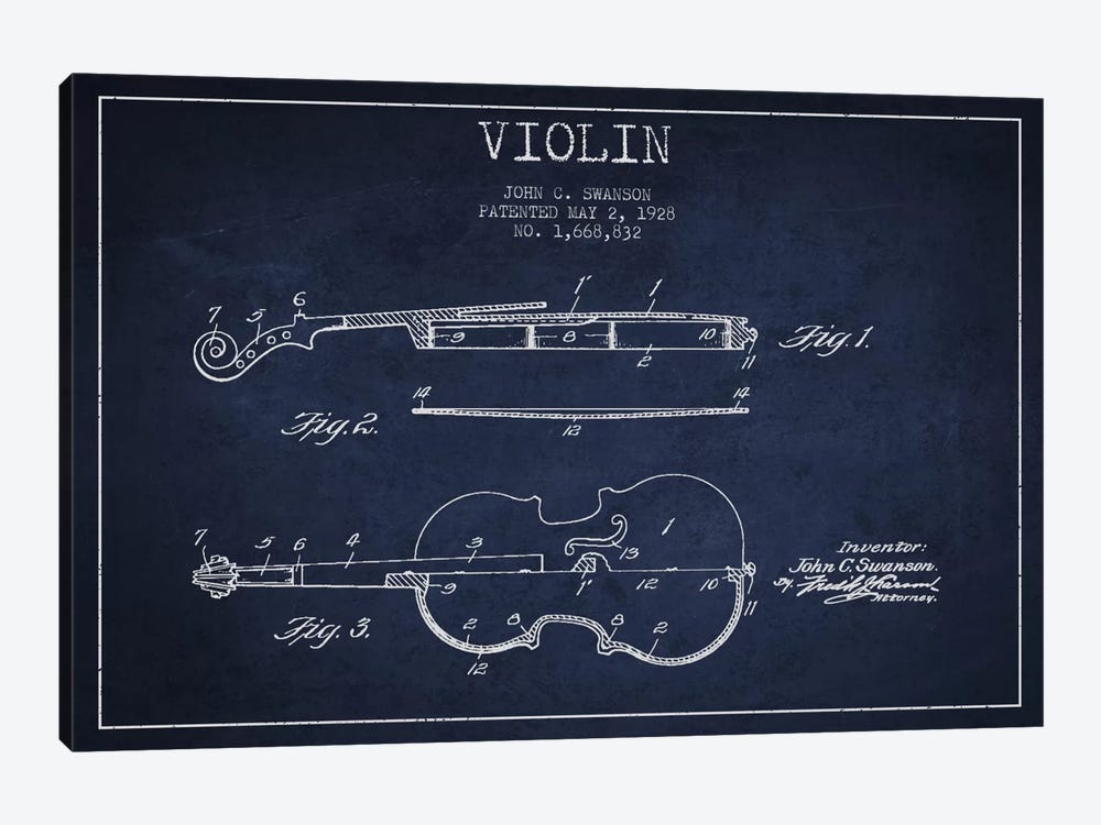 Violin Navy Blue Patent Blueprint by Aged Pixel 1-piece Canvas Art Print