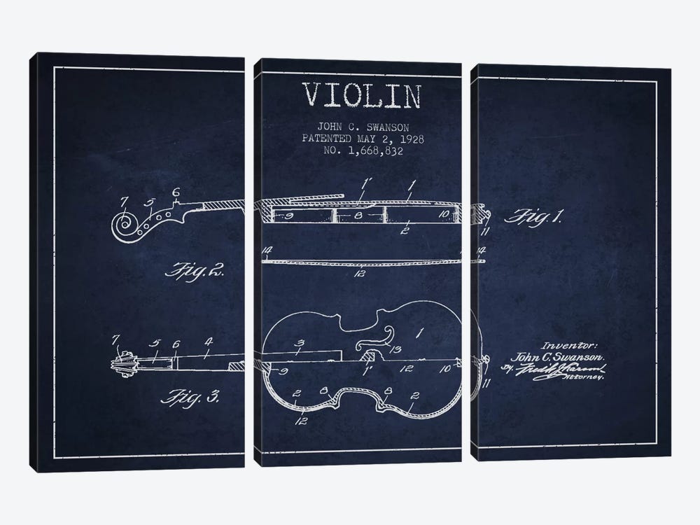 Violin Navy Blue Patent Blueprint by Aged Pixel 3-piece Canvas Print