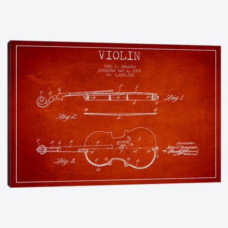 Violin Red Patent Blueprint Canvas Print #ADP907} by Aged Pixel Canvas Print