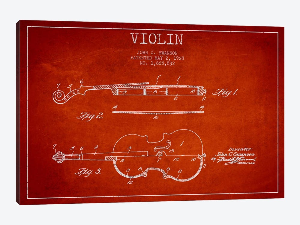 Violin Red Patent Blueprint 1-piece Canvas Artwork
