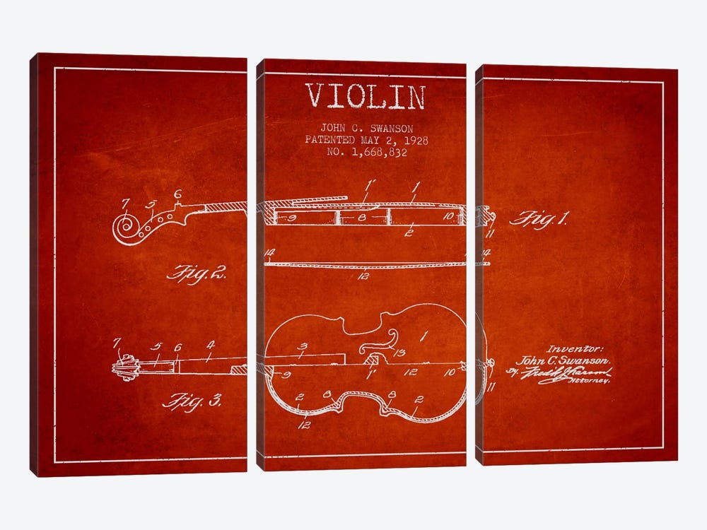 Violin Red Patent Blueprint by Aged Pixel 3-piece Canvas Art