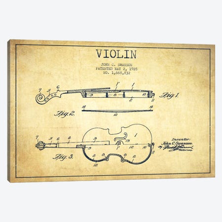 Violin Vintage Patent Blueprint Canvas Print #ADP908} by Aged Pixel Canvas Art