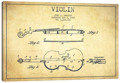 Violin Vintage Patent Blueprint Canvas Art Print - Classical Music Art