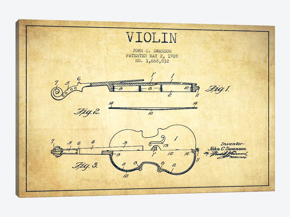 Violin Vintage Patent Blueprint by Aged Pixel 1-piece Canvas Art Print