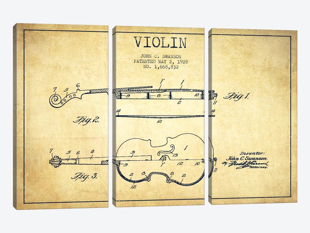 Violin Vintage Patent Blueprint by Aged Pixel 3-piece Canvas Art Print
