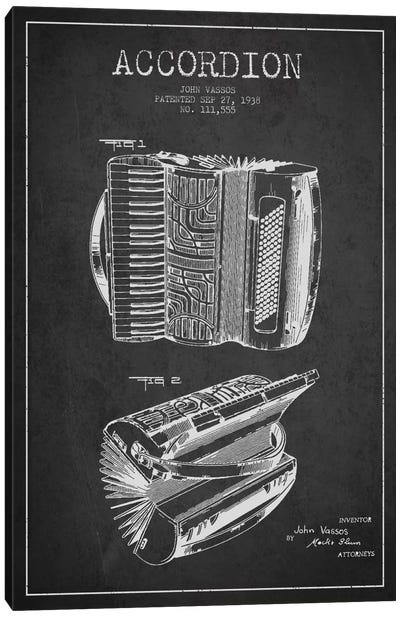 Accordion Charcoal Patent Blueprint Canvas Art Print - Music Blueprints