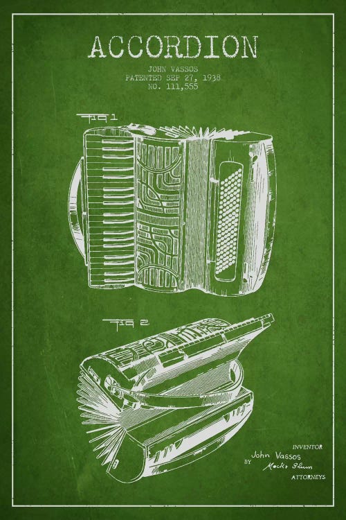 Accordion Green Patent Blueprint by Aged Pixel wall art