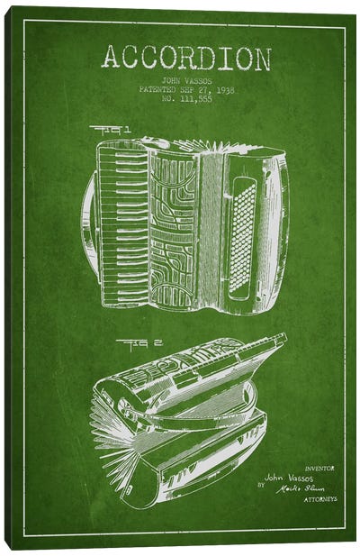 Accordion Green Patent Blueprint Canvas Art Print - Aged Pixel: Music