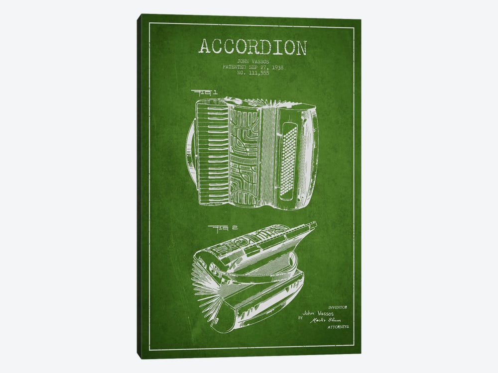 Accordion Green Patent Blueprint by Aged Pixel 1-piece Canvas Art