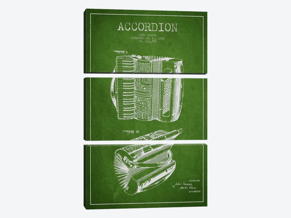 Accordion Green Patent Blueprint by Aged Pixel 3-piece Canvas Artwork