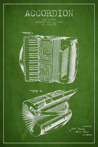 Music Blueprints: Accordion Green Patent Blueprint by Aged Pixel