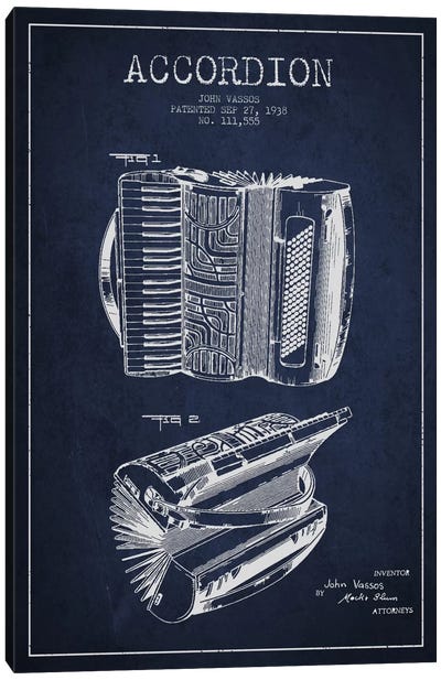Accordion Navy Blue Patent Blueprint Canvas Art Print - Music Blueprints