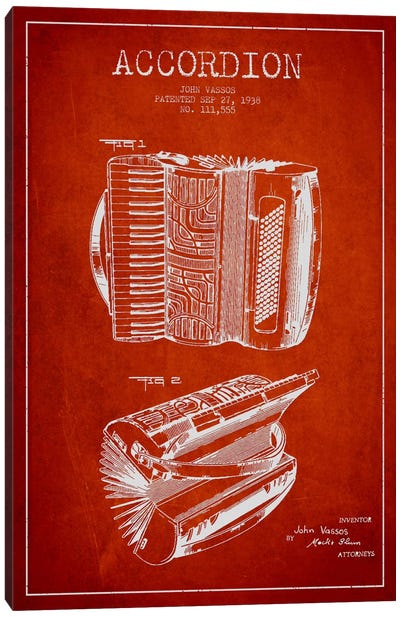 Accordion Red Patent Blueprint Canvas Art Print - Aged Pixel: Music