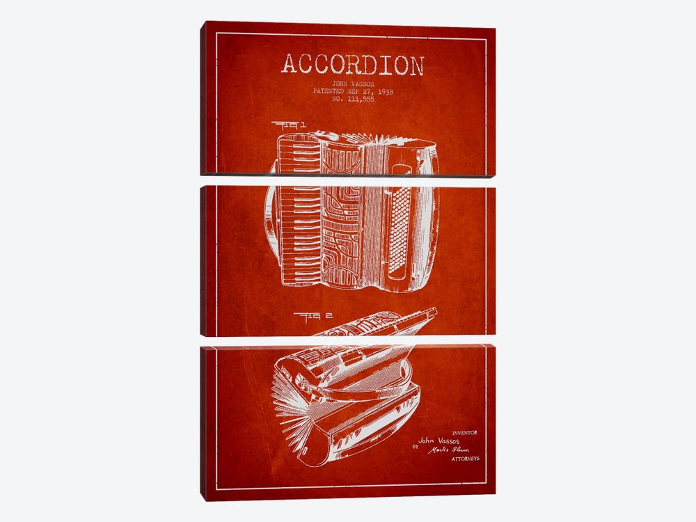 Accordion Red Patent Blueprint by Aged Pixel 3-piece Canvas Artwork