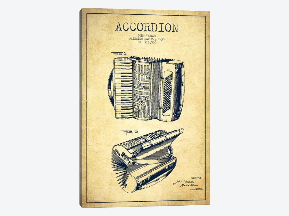 Accordion Vintage Patent Blueprint 1-piece Canvas Art Print